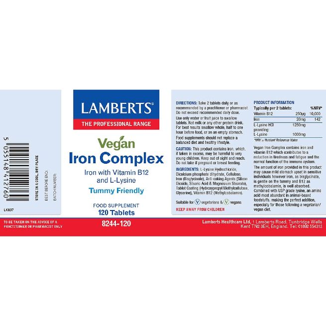 Lamberts Bio-Iron Complex (Vitamin B12 and L-Lysine) 120 Tablets #8244